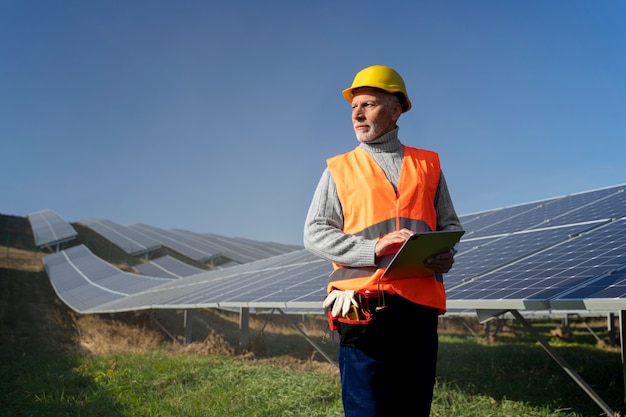 Osoba w pobliżu alternatywnych źródeł energii