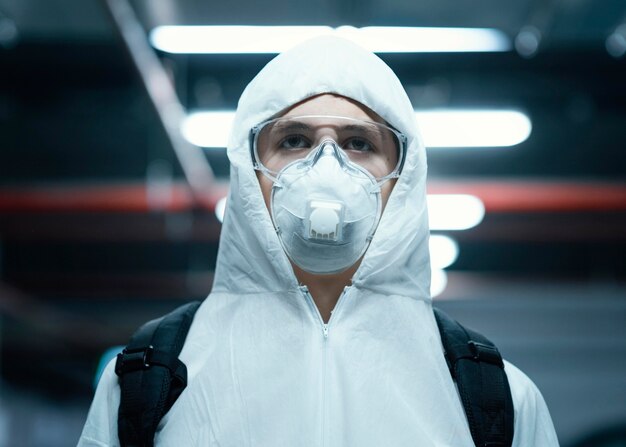 Osoba z maską na twarzy, ubrana w sprzęt ochronny przed zagrożeniem biologicznym