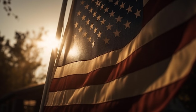 Bezpłatne zdjęcie oświetlona słońcem fala flagi podczas patriotycznych uroczystości na świeżym powietrzu generowanych przez sztuczną inteligencję