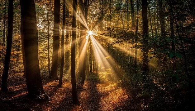 Oświetlona słońcem leśna ścieżka, jesienne liście chrzęszczące pod stopami, wygenerowane przez sztuczną inteligencję
