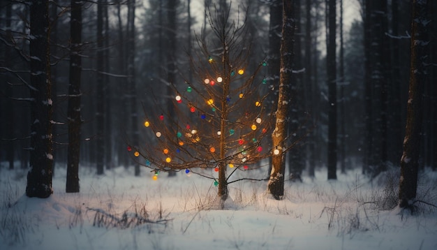 Bezpłatne zdjęcie oświetlona sosna świeci w generatywnej sztucznej inteligencji w zimową noc