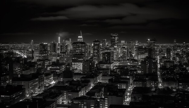 Oświetlone drapacze chmur rozświetlają nowoczesny pejzaż miejski generowany przez sztuczną inteligencję