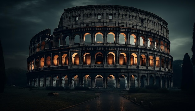 Bezpłatne zdjęcie oświetlone starożytne ruiny przedstawiają majestatyczną włoską kulturę wygenerowaną przez sztuczną inteligencję