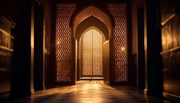 Bezpłatne zdjęcie oświetlony minaret podkreśla starożytną arabską elegancję i duchowość generowaną przez sztuczną inteligencję
