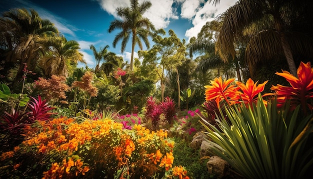 Oszałamiający tropikalny krajobraz kolorowe kwiaty palmy generowane przez AI
