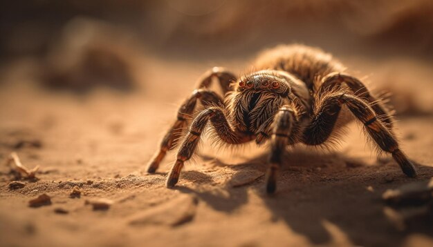 Owłosiona tarantula pełza po pasiastym liściu lasu wygenerowanym przez sztuczną inteligencję