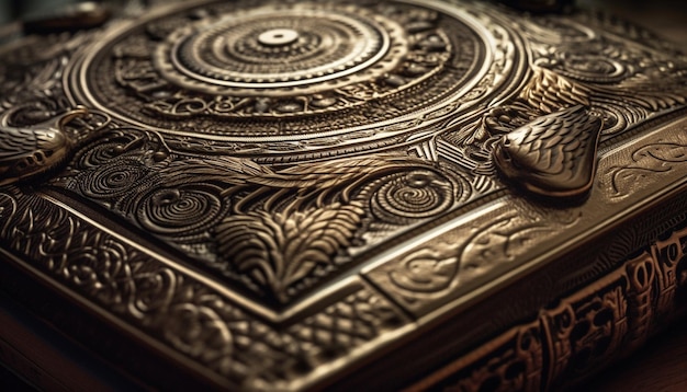 Ozdobna mosiężna książka ze starożytnym chrześcijańskim wzorem wygenerowanym przez sztuczną inteligencję