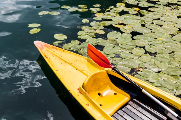 Paddle wiosło unosi się na jeziorze w koloru żółtego czółnie