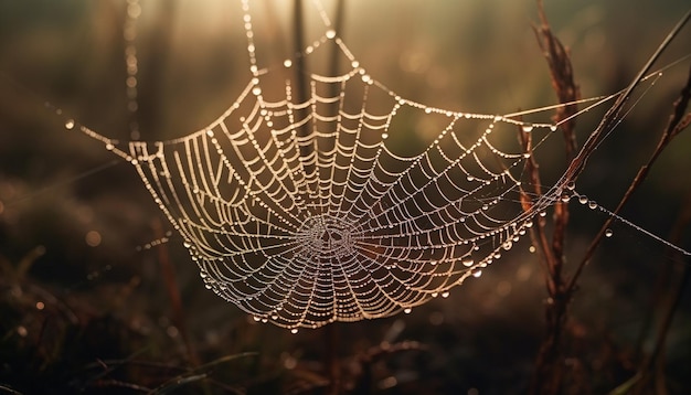 Pająk Kręci Zroszoną Siecią, Przechwytując Jesiennego Owada Wygenerowanego Przez Sztuczną Inteligencję