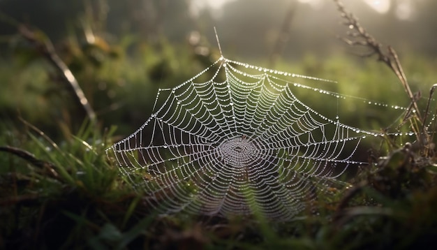 Bezpłatne zdjęcie pajęczyna błyszczy od kropli rosy na zewnątrz generowanych przez sztuczną inteligencję