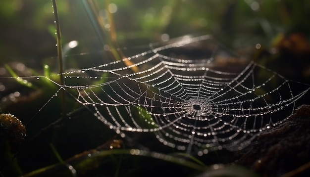 Bezpłatne zdjęcie pajęczyna błyszczy od kropli rosy na zewnątrz generowanych przez sztuczną inteligencję