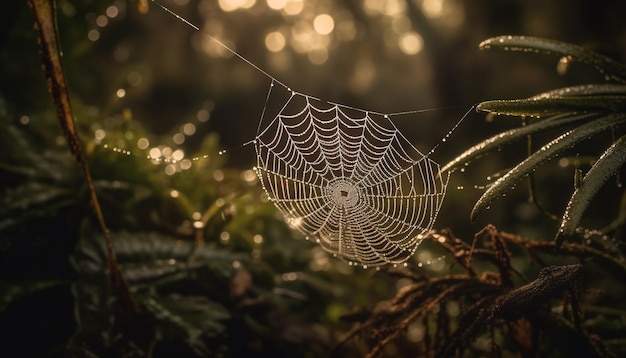 Bezpłatne zdjęcie pajęczyna błyszczy w zroszonym jesiennym lesie generowanym przez sztuczną inteligencję