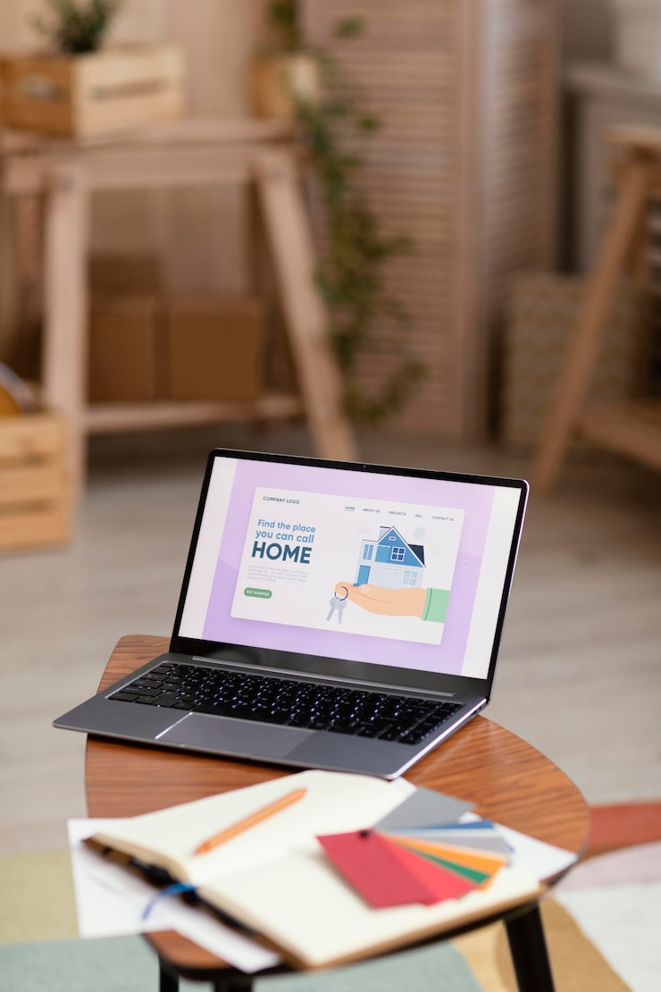 Bezpłatny plik Zdjęcie paleta kolorów i laptop z książką do remontu domu