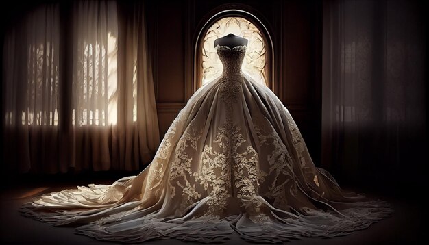 Panna młoda w eleganckiej sukni ślubnej w pomieszczeniu wygenerowana przez sztuczną inteligencję