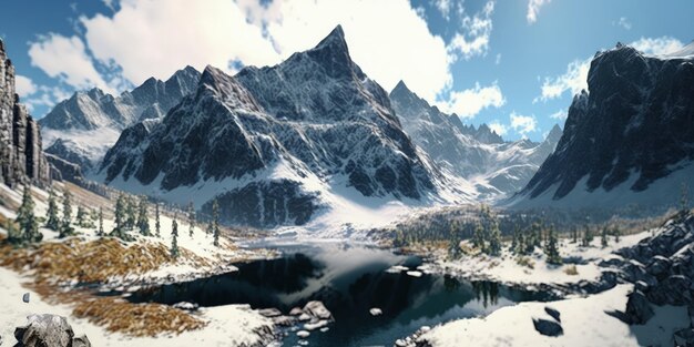 Panorama kolorowego górskiego krajobrazu z pokrytymi śniegiem górami generatywnymi ai
