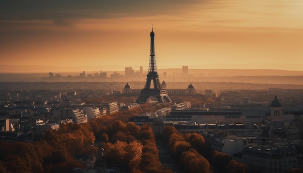 Bezpłatne zdjęcie panoramiczna panorama zachodu słońca oświetla słynne punkty orientacyjne miasta generowane przez sztuczną inteligencję