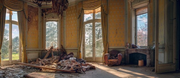 Panoramiczne ujęcie opuszczonego, zrujnowanego salonu