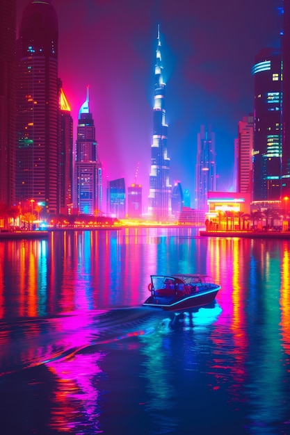 Bezpłatne zdjęcie panoramiczne widoki miasta dubaju oświetlone w neonowym spektrum