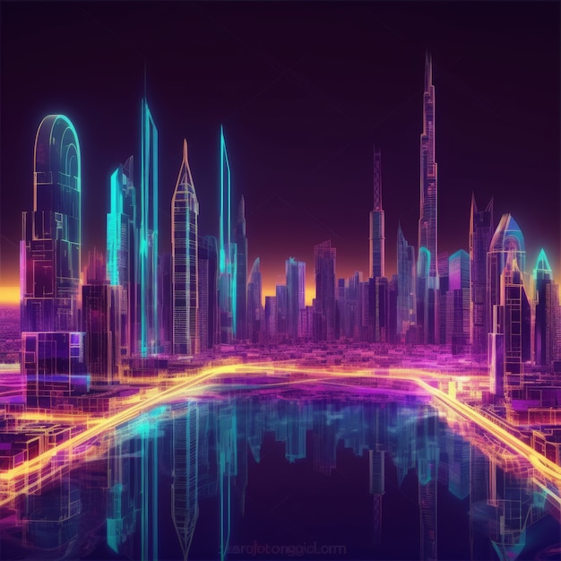 Panoramiczne widoki miasta Dubaju oświetlone w neonowym spektrum