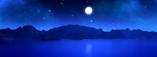 Bezpłatne zdjęcie panoramiczny 3d render surrealistyczny krajobraz z księżyca nocą