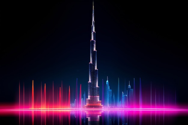 Panoramiczny widok miasta Dubaju oświetlony w neonowym spektrum