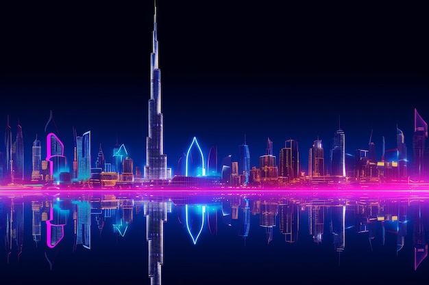 Bezpłatne zdjęcie panoramiczny widok miasta dubaju oświetlony w neonowym spektrum