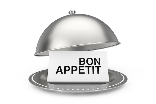 Papier z bon appetit zaloguj się restaurant cloche na białym tle. renderowanie 3d