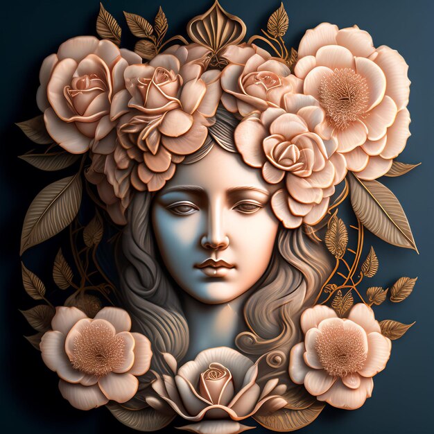 Papierowa rzeźba kobiety z kwiatami we włosach.