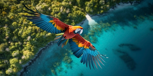 Papuga latająca nad jeziorem