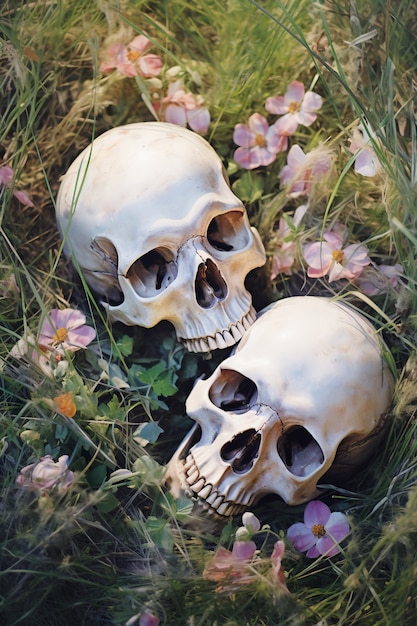 Bezpłatne zdjęcie para szkieletów pozuje z kwiatami