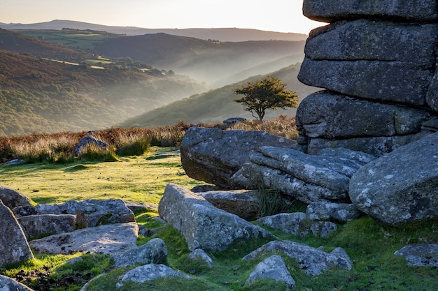 Park Narodowy Dartmoor otoczony wzgórzami w słońcu rano w Wielkiej Brytanii