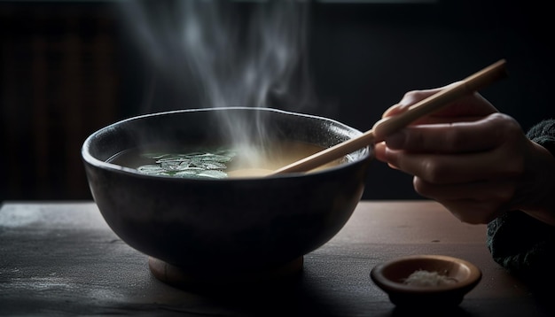 Bezpłatne zdjęcie parująca miska zupy trzymana pałeczkami generowana przez sztuczną inteligencję