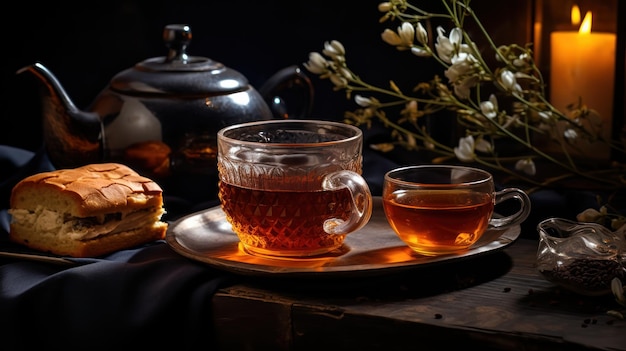 Parujący Kubek Herbaty Siedzi Obok Dodając Przytulności Do Sceny