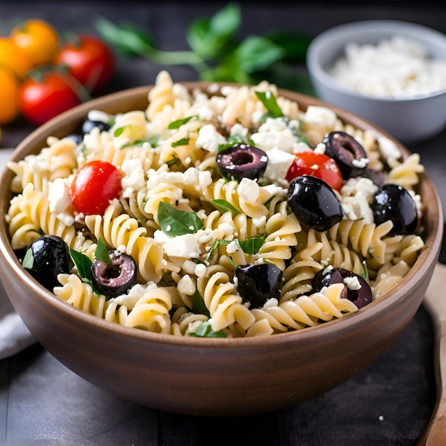 Pasta Fusilli z czarnymi oliwkami, serem feta i pomidorami wiśniowymi, jedzenie włoskie