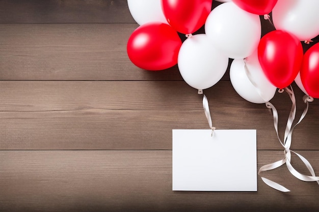 Bezpłatne zdjęcie pęczek czerwonych i białych balonów z kartką z napisem „wszystkiego najlepszego”