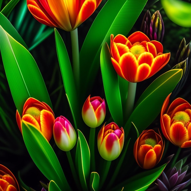 Bezpłatne zdjęcie pęczek tulipanów znajduje się na zielonym tle