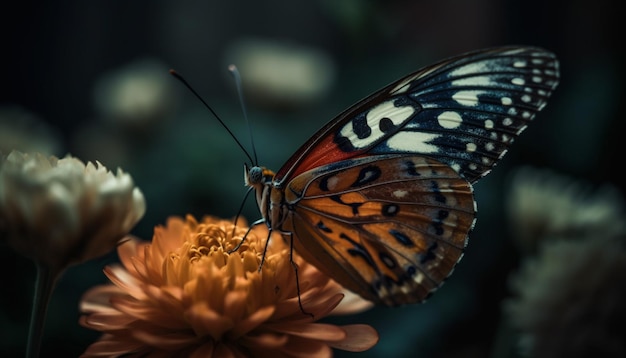 Pełen wdzięku motyl zapyla żywy kwiat w przyrodzie generowany przez sztuczną inteligencję