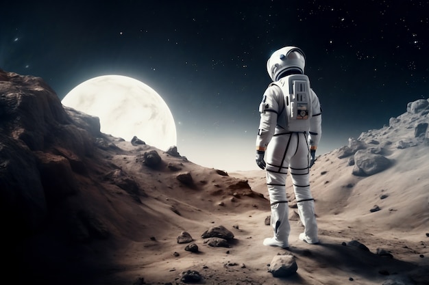 Pełne ujęcie astronautki w skafandrze kosmicznym