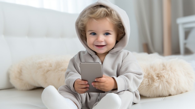 Pełne ujęcie dziecka korzystającego ze smartfona w pomieszczeniu