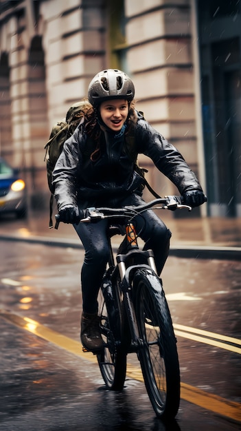 Pełne ujęcie kobiety jeżdżącej na rowerze na świeżym powietrzu