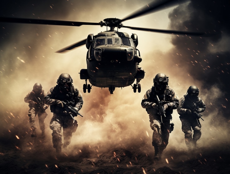 Bezpłatny plik Zdjęcie pełnostrzelni żołnierze walczący z helikopterem