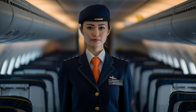 Bezpłatne zdjęcie pewna siebie załoga pokładowa i pasażerowie podróżują samolotem komercyjnym razem wygenerowanym przez sztuczną inteligencję