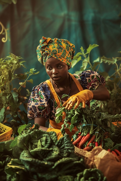 Bezpłatne zdjęcie photorealistic african people harvesting diverse vegetables and grains