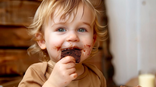 Bezpłatne zdjęcie photorealistic portrait of child eating tasty and sweet chocolate