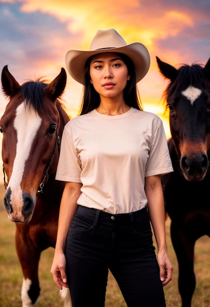 Bezpłatne zdjęcie photorealistic portrait of female cowboy at sunset