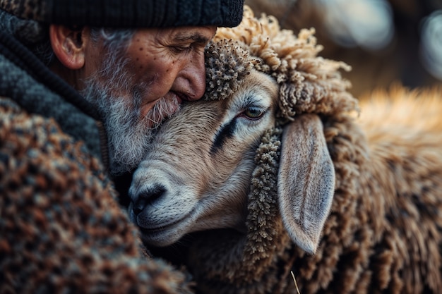 Bezpłatne zdjęcie photorealistic portrait of people taking care of sheep at the farm