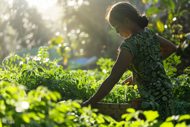 Bezpłatne zdjęcie photorealistic view of woman harvesting in an organic sustainable garden