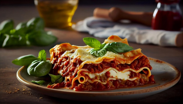 Pieczona lasagne z wyśmienitym włoskim sosem bolońskim wygenerowana przez sztuczną inteligencję