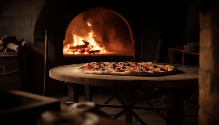 Bezpłatny plik Zdjęcie pieczona pizza z drewna opałowego gotowana w rustykalnym piecu generowanym przez sztuczną inteligencję
