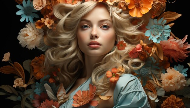 Piękna blond kobieta z kręconymi włosami i kwiatem wygenerowanym przez sztuczną inteligencję